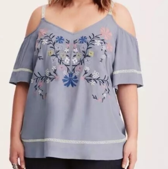 Torrid Floral Embroidered Cold Shoulder Lace Trim Top - Picture 1 of 4